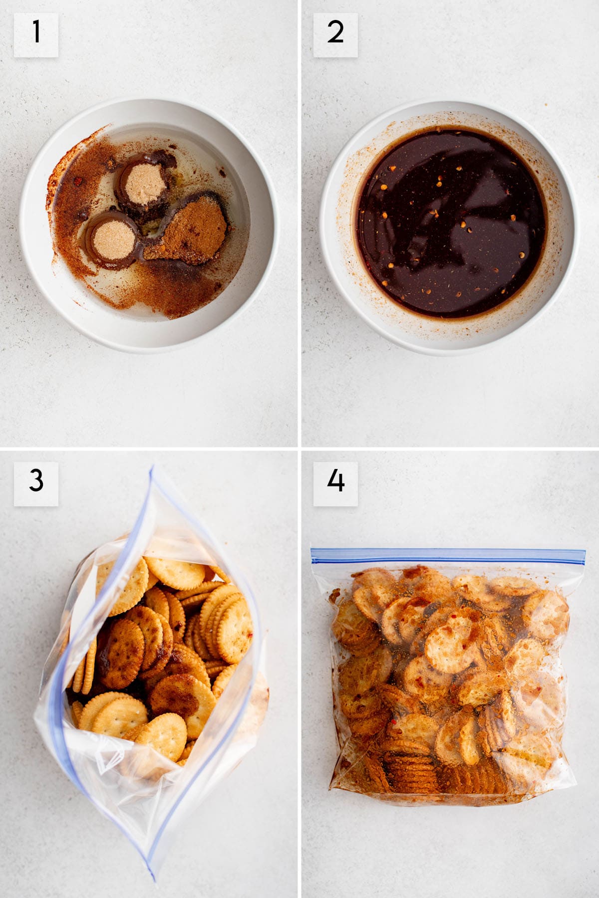 four panel collage image showing how to make sweet & spicy ritz crackers