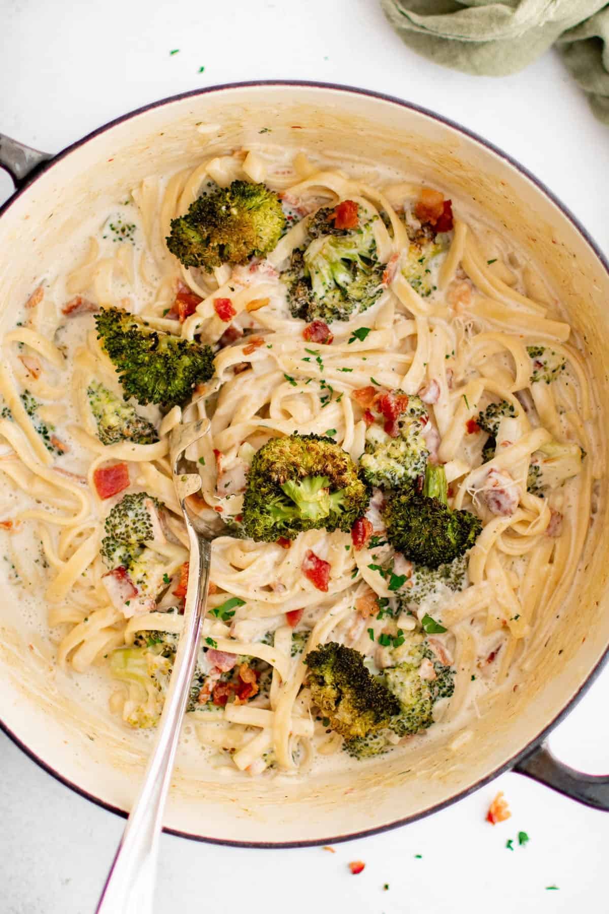 creamy bacon roasted broccoli pasta 
in a pot