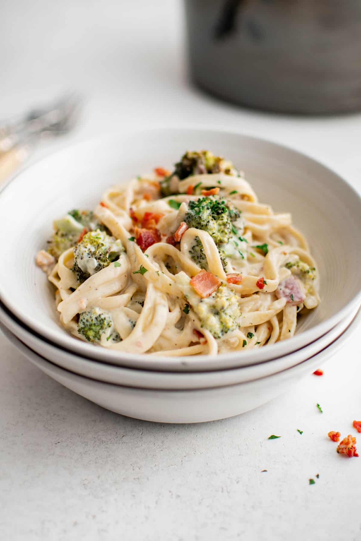 creamy bacon roasted broccoli pasta in a bowl