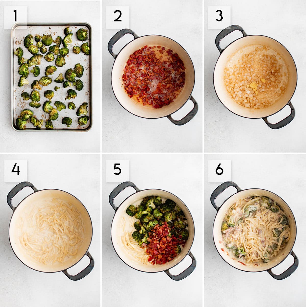 six panel collage image showing the process of making creamy bacon roasted broccoli pasta