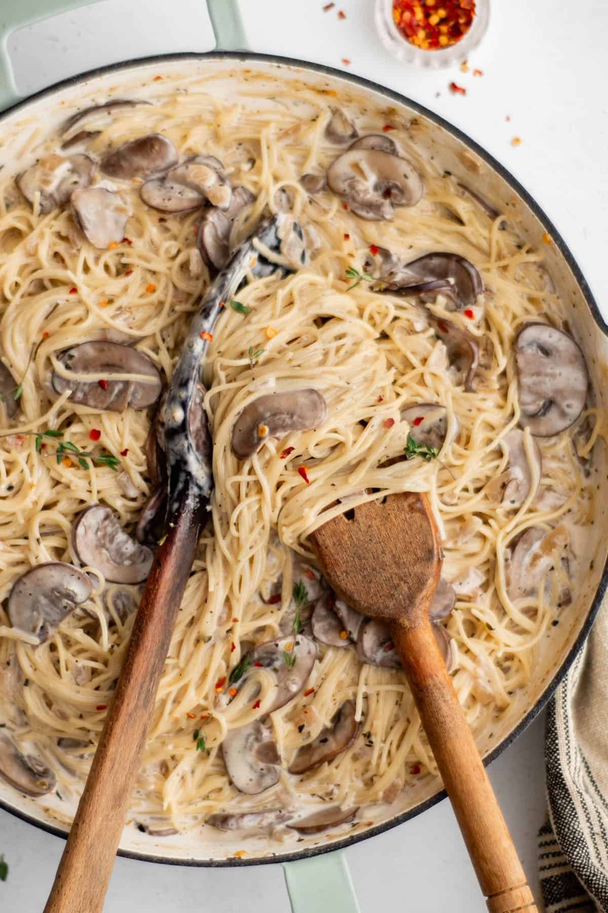 creamy mushroom pasta in a pot