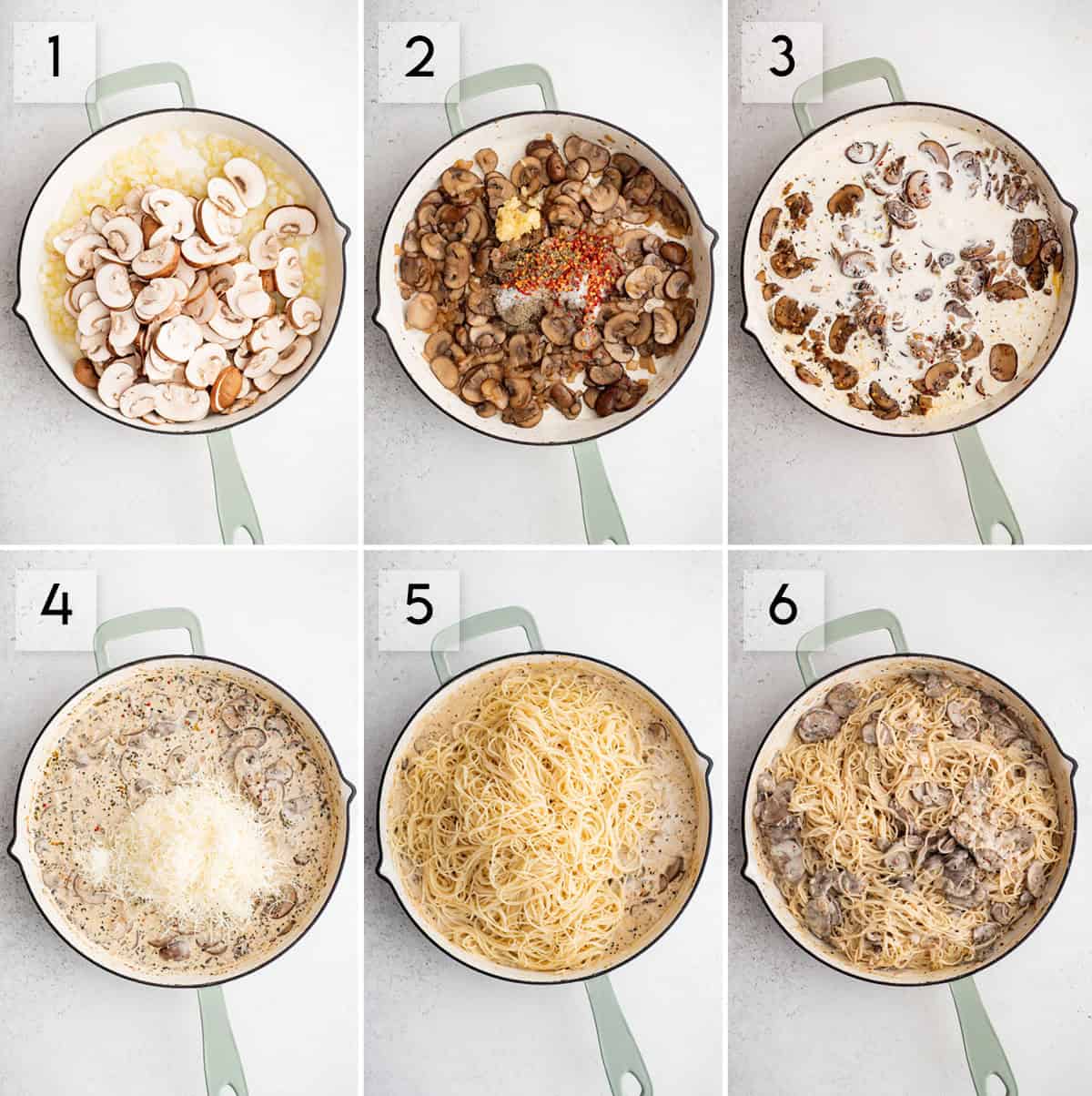 six panel collage image showing how to make creamy mushroom pasta