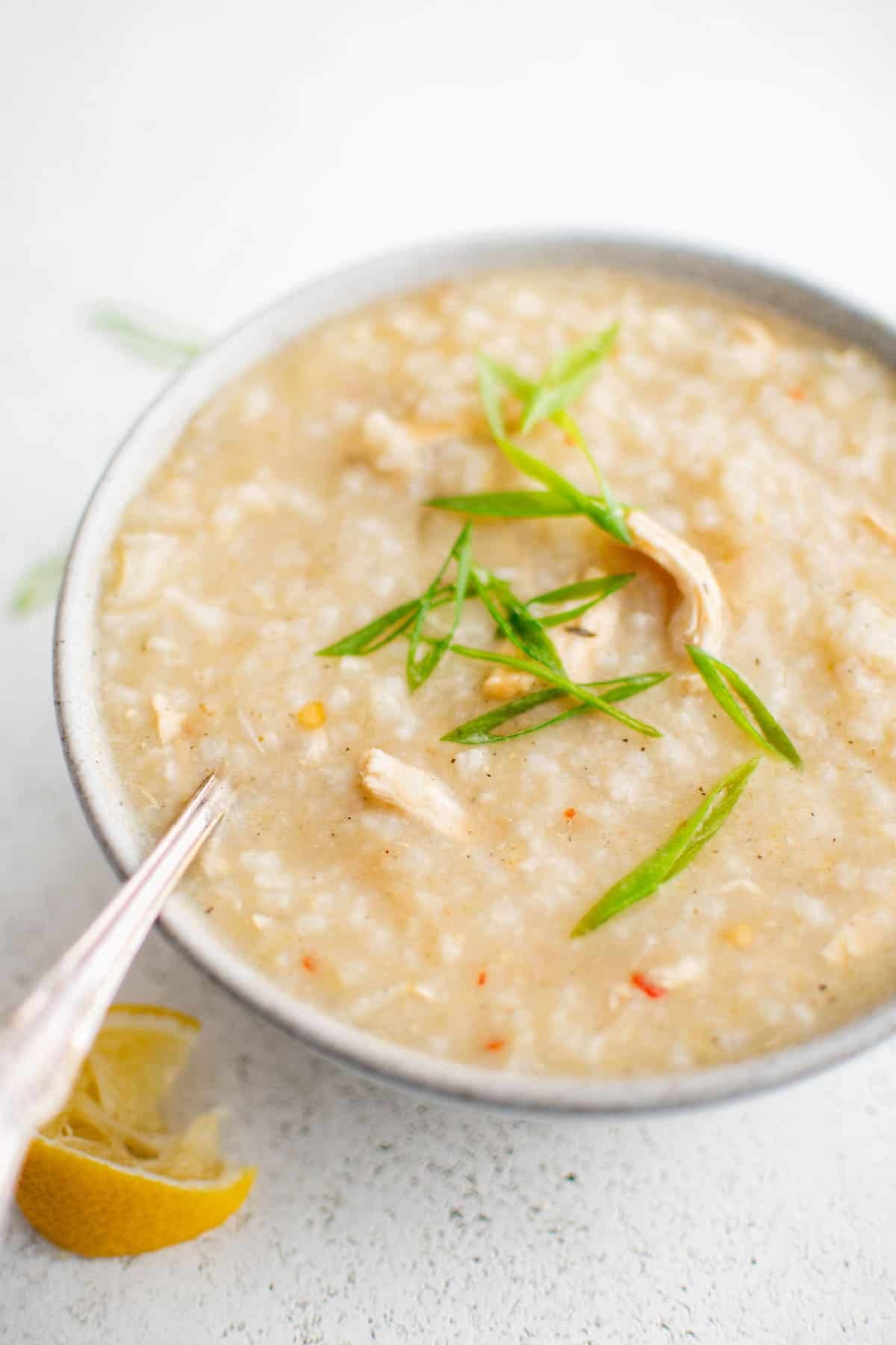 ginger chicken & rice soup in a bowl
