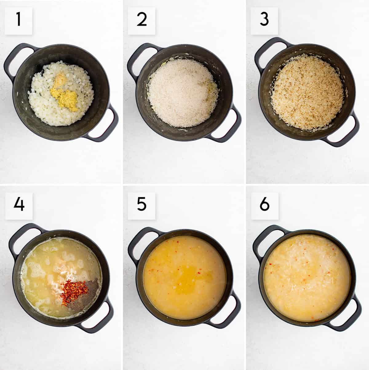 six panel collage image showing the process of making ginger chicken & rice soup