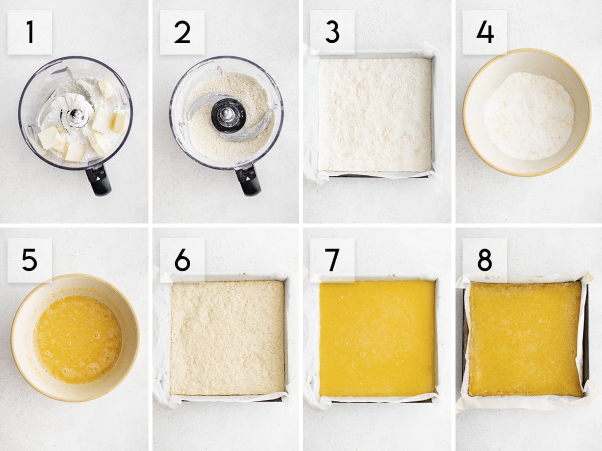 eight panel collage image showing how to make lemon bars
