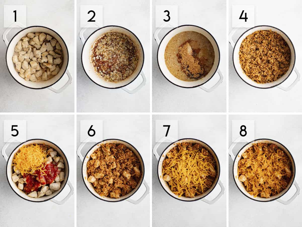 eight panel collage image showing how to make one skillet salsa chicken and rice