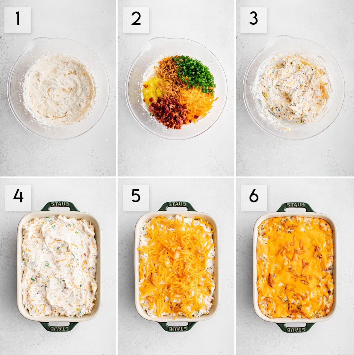 six panel collage image showing the process of making pepperoncini dip