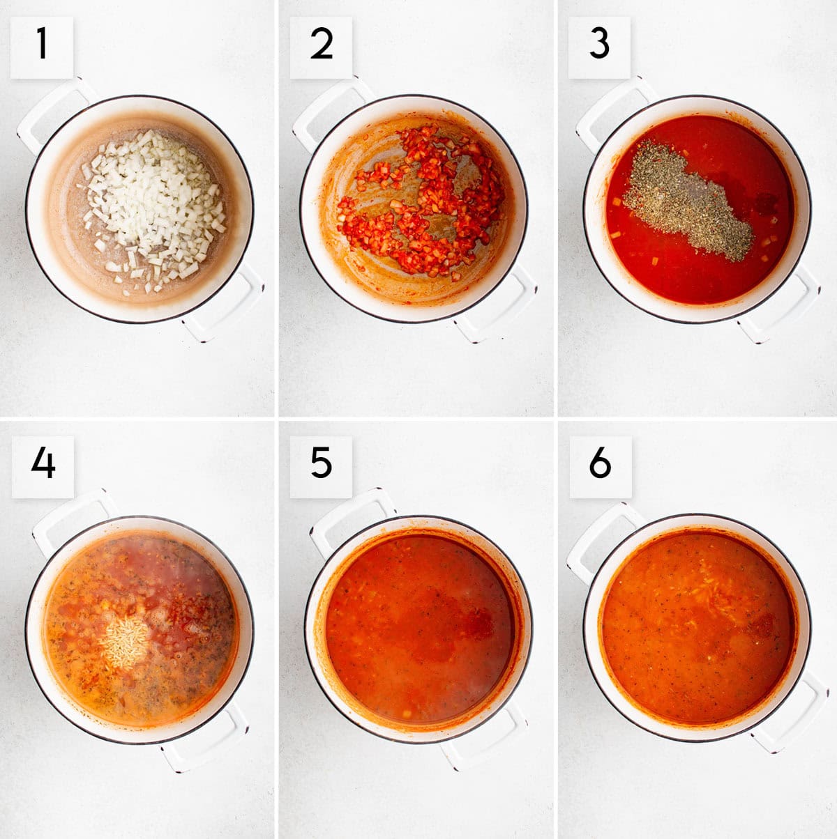 six panel collage image showing the process of making tomato orzo soup