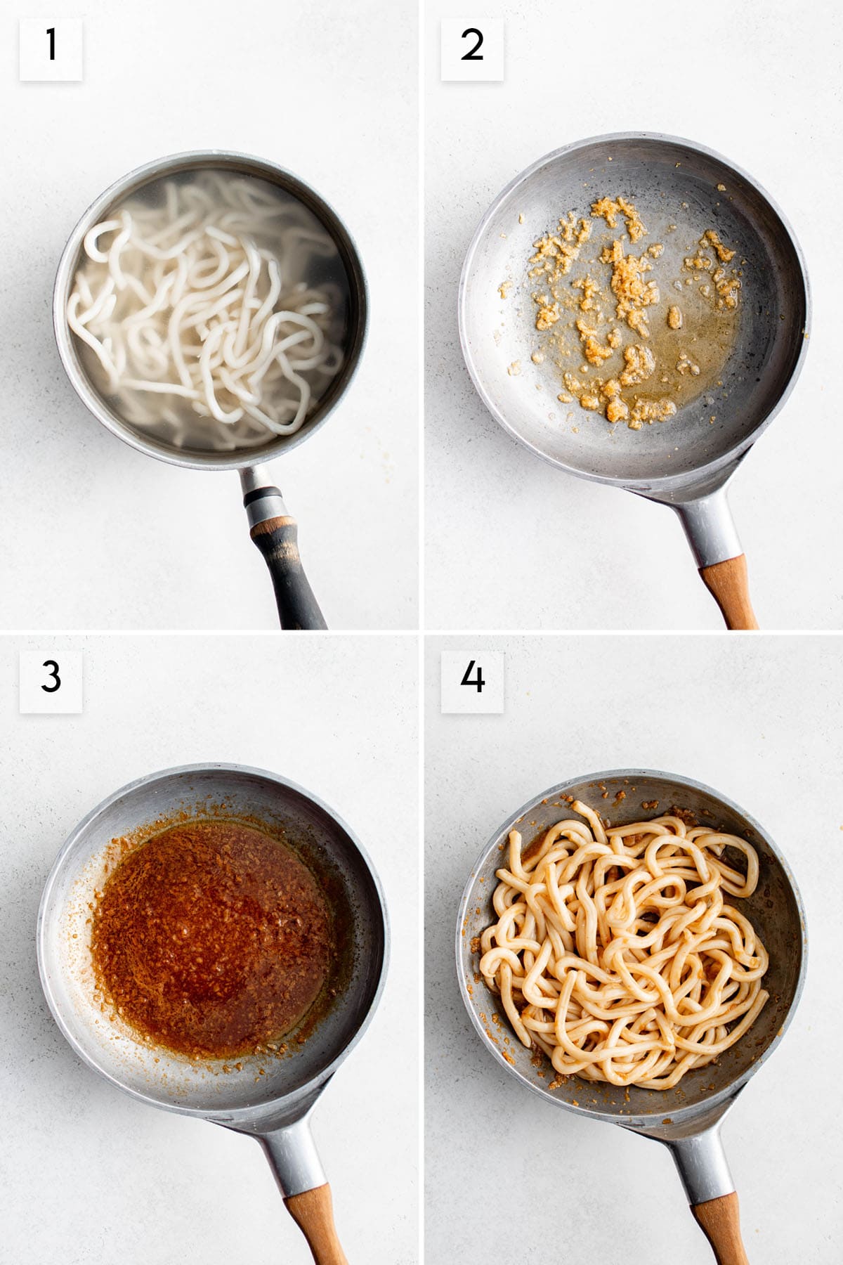 four panel collage image showing how to make udon noodles