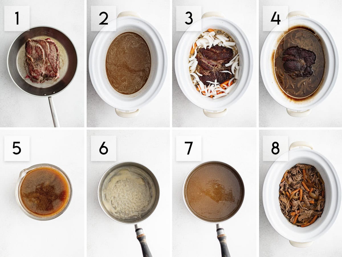 eight panel collage image showing the process of making slow cooker pot roast and gravy
