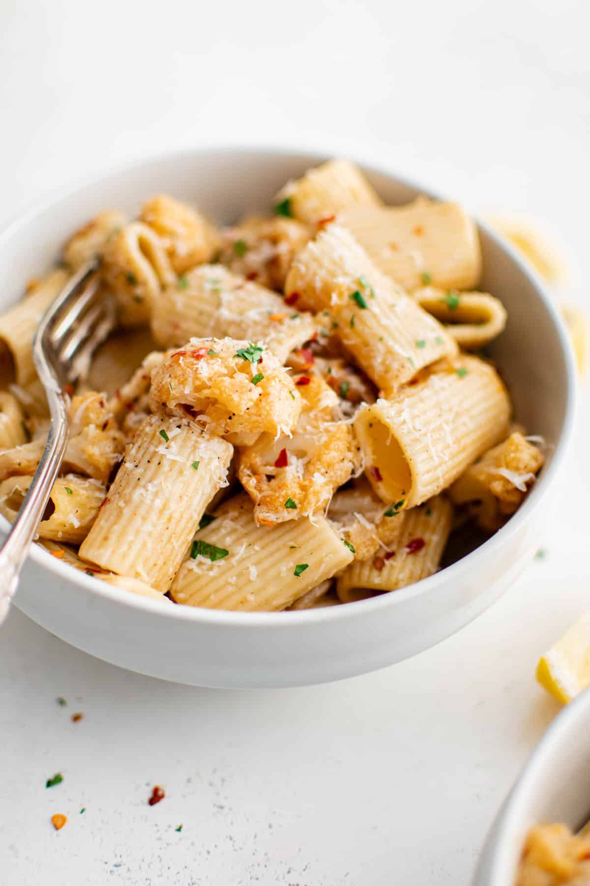 spicy roasted cauliflower pasta in a bowl