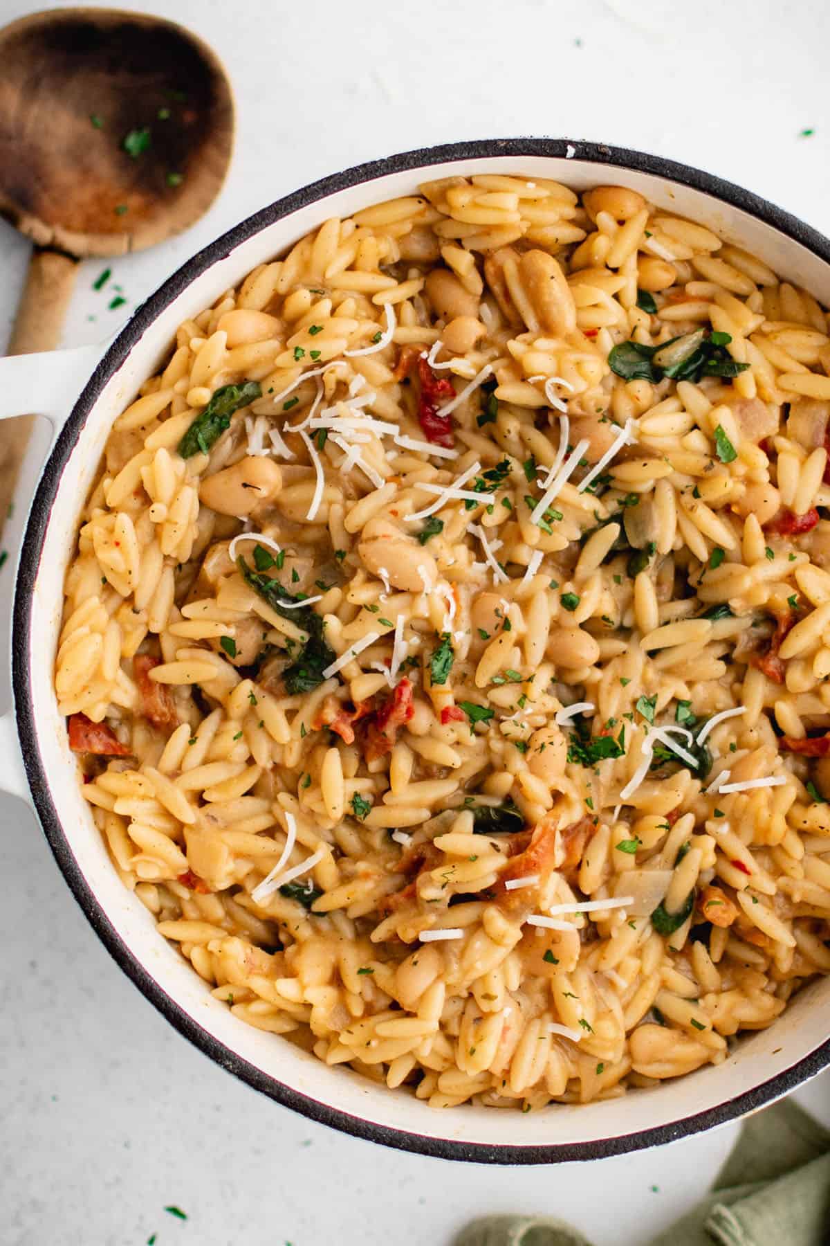 white bean orzo in a pot