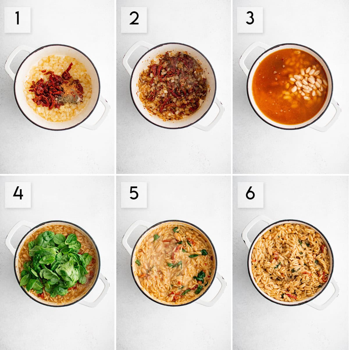 six panel collage image showing the process of making white bean orzo
