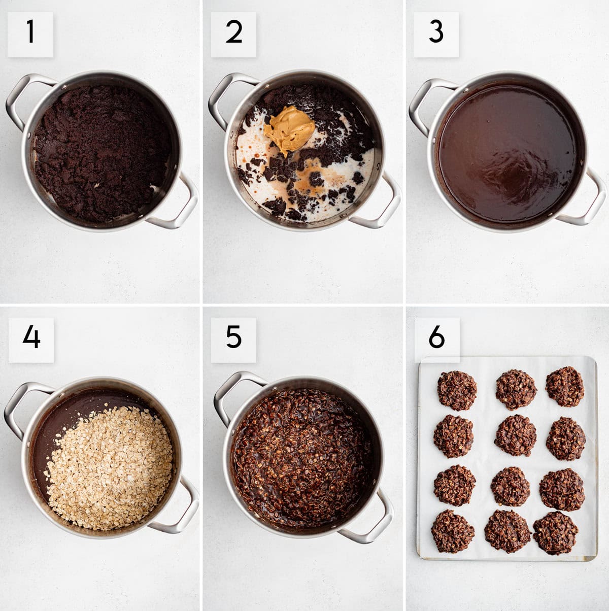 six panel collage image showing the process of making no bake cookies