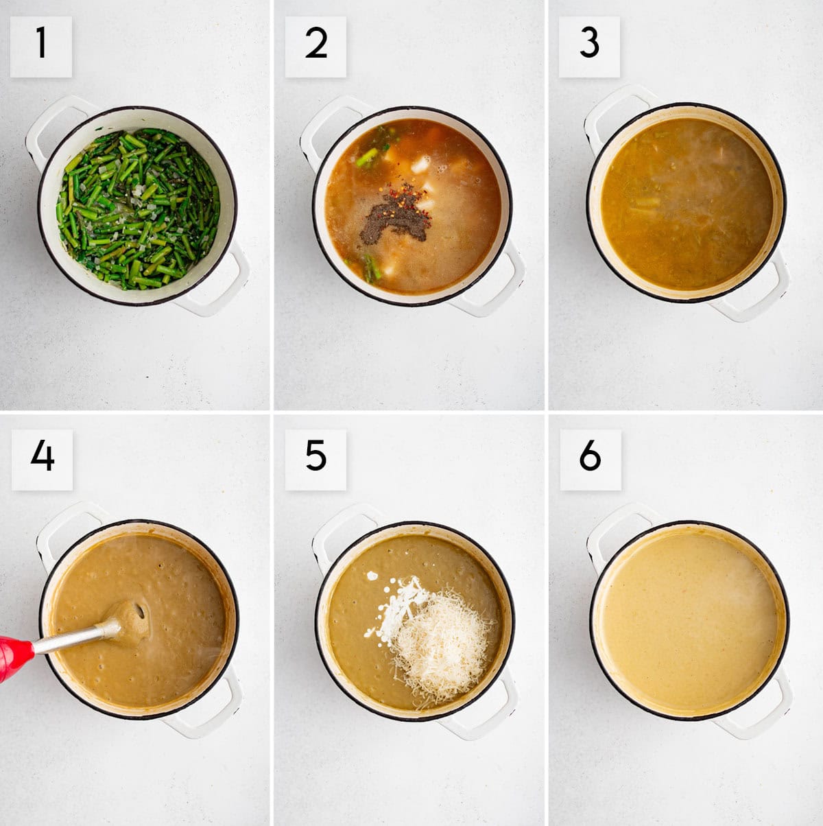 six panel collage image showing the process of making creamy asparagus soup