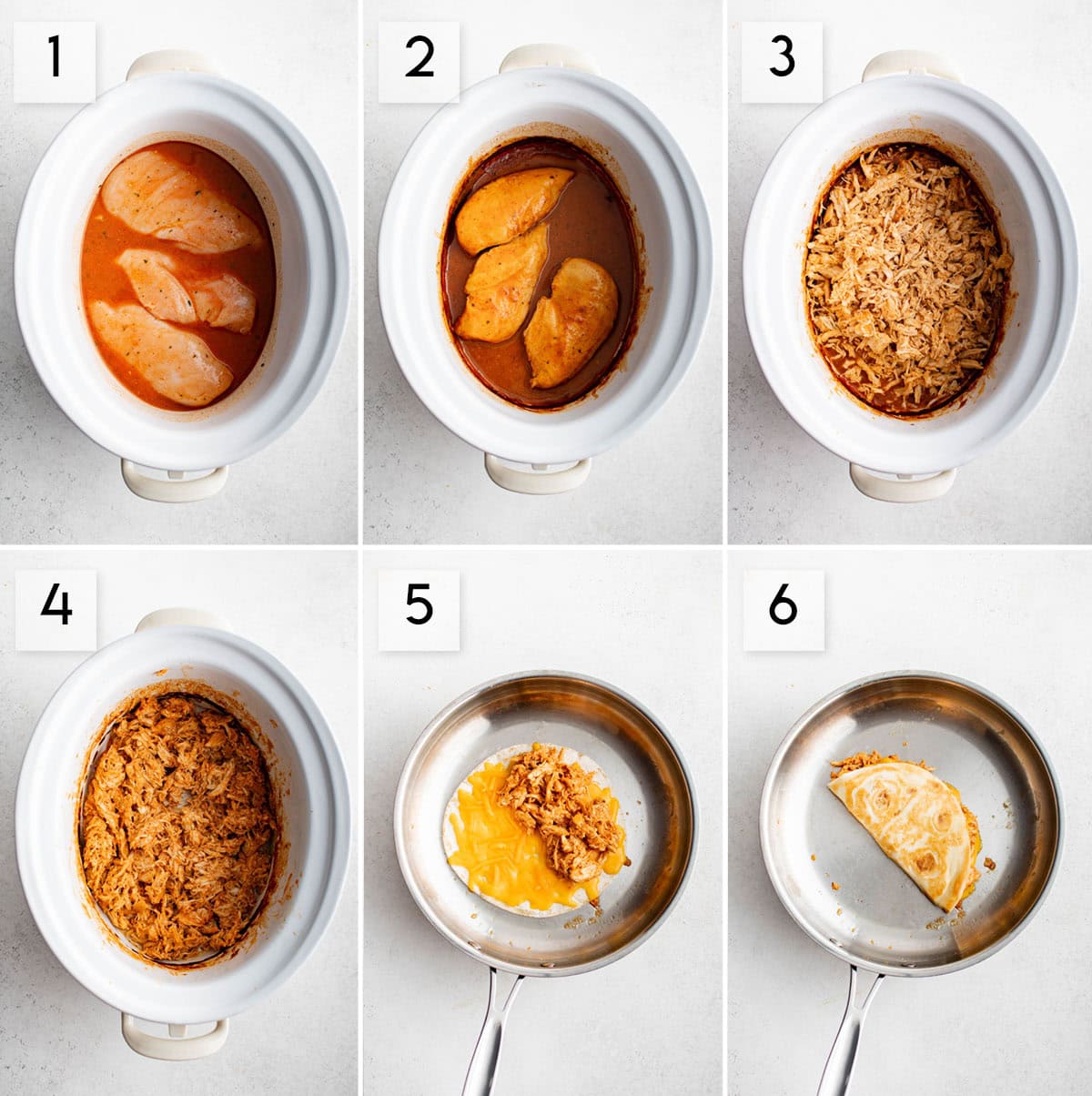 six panel collage image showing the process of making crockpot buffalo chicken tacos