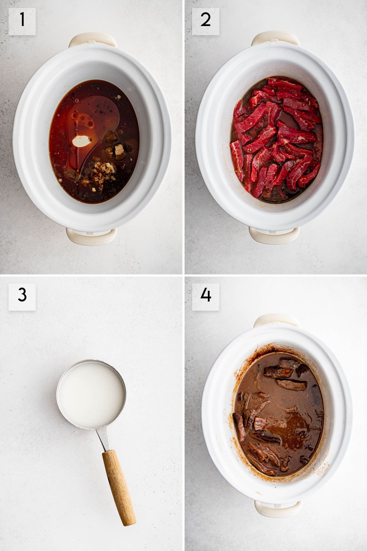 four panel collage image showing the process of making crockpot sesame beef