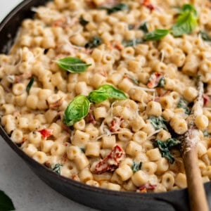 ditalini with creamy sun dried tomato sauce in a pan