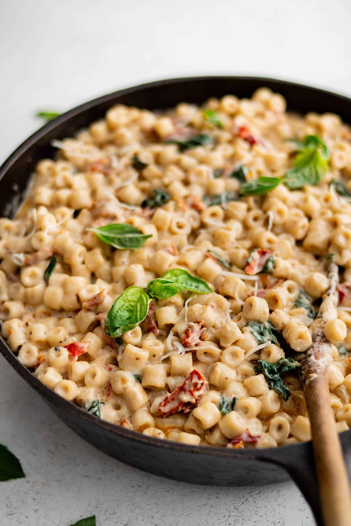 sun dried tomato ditalini in a skillet