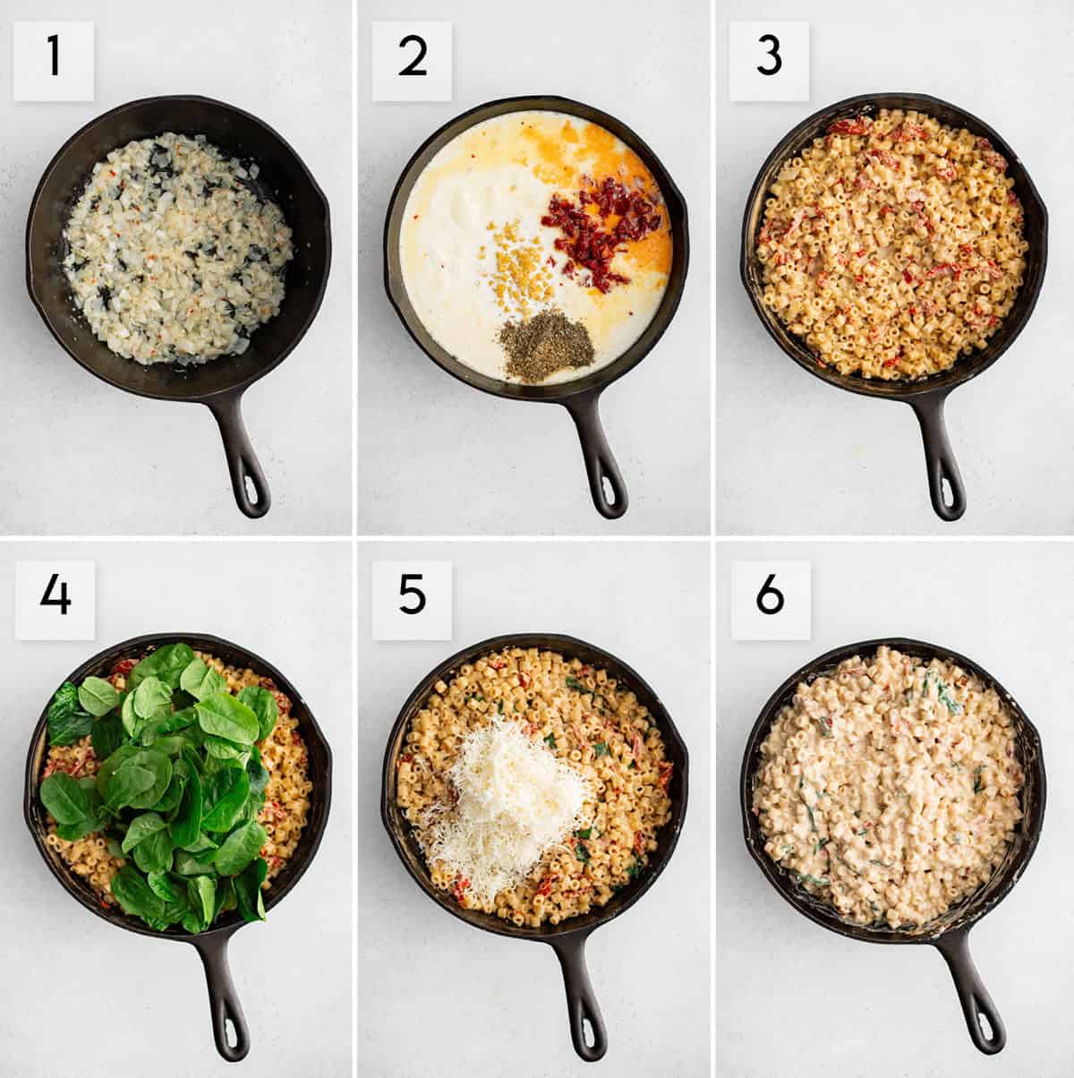 six panel collage image showing the process of making one pot sun dried tomato ditalini