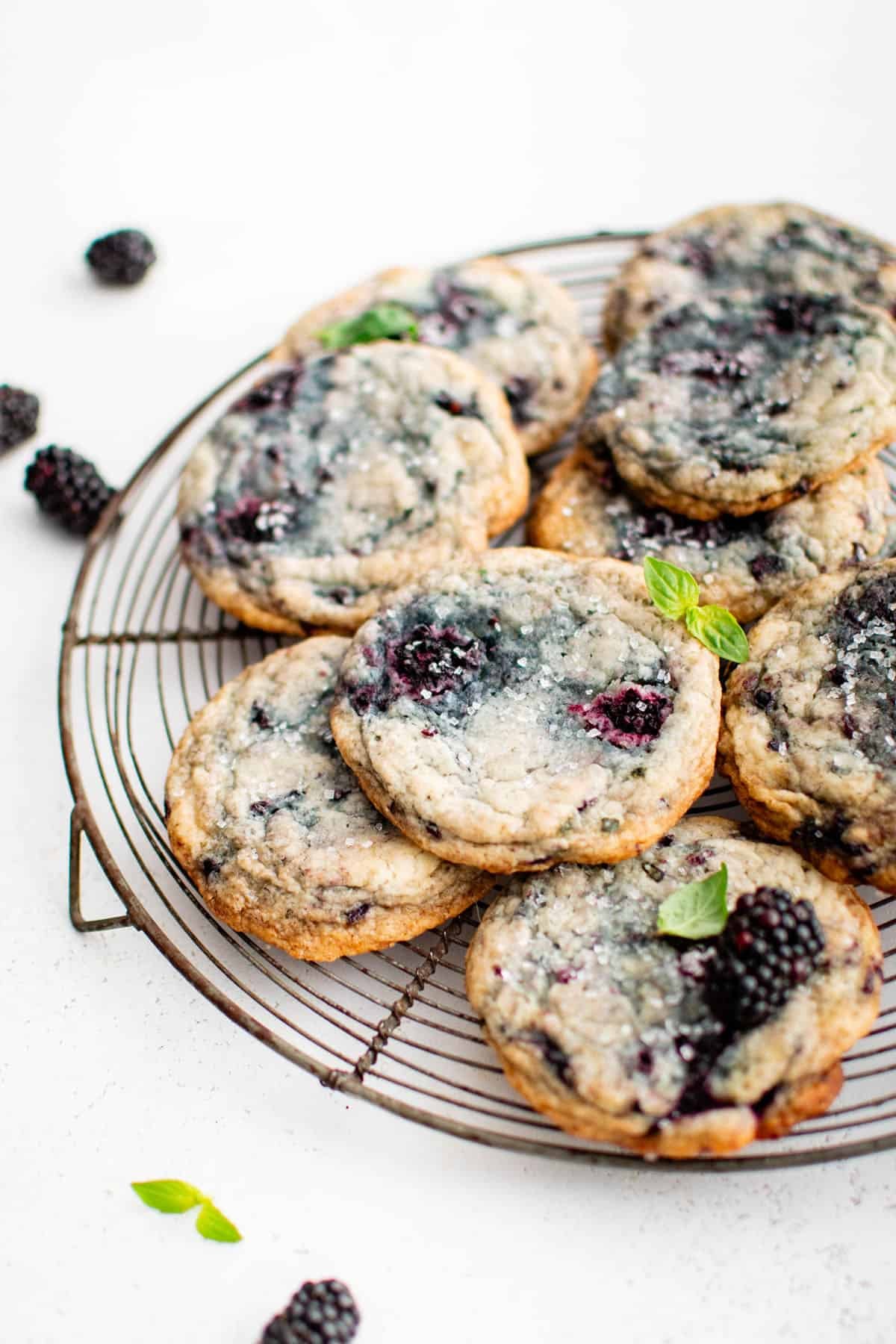 blackberry basil cookies on a wire rack