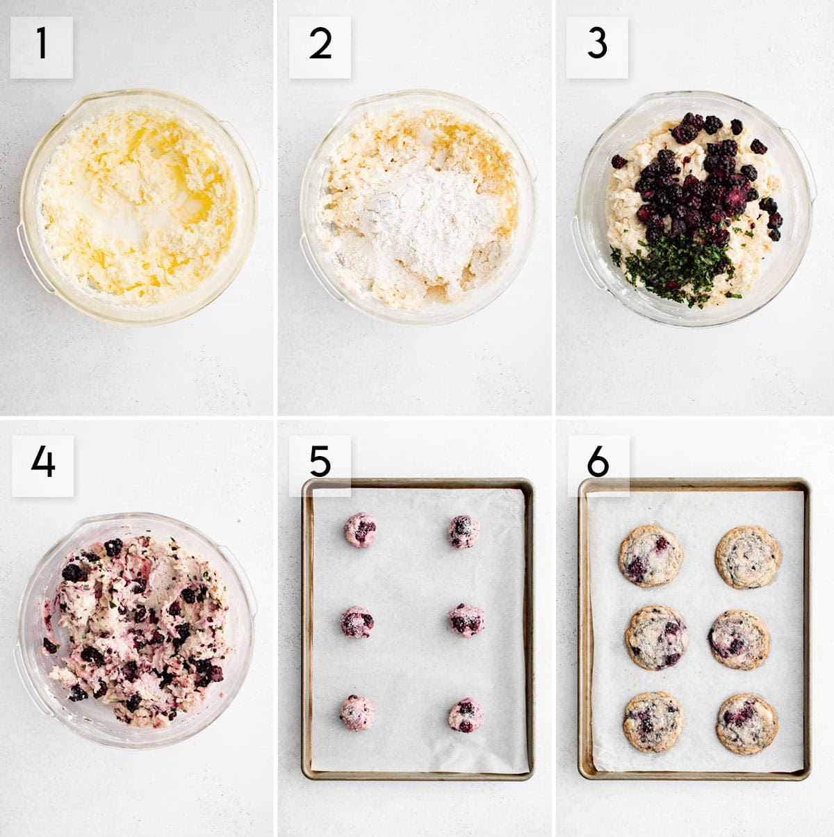 six panel collage image showing the process of making blackberry basil cookies