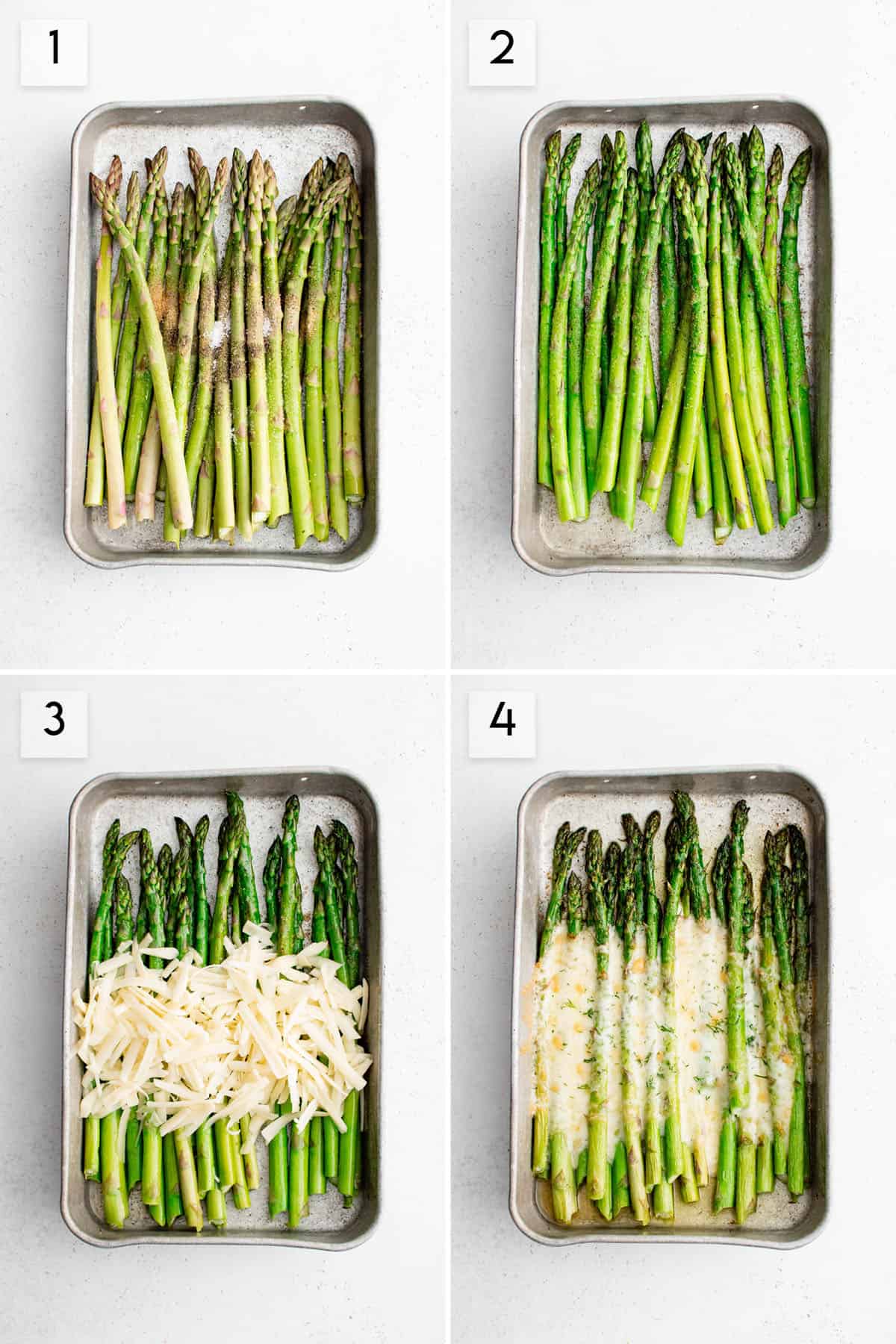 four panel collage image showing the process of making cheesy baked asparagus