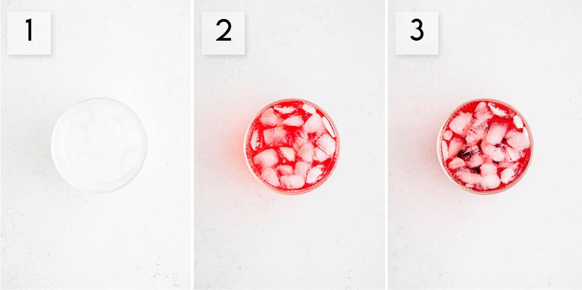 three panel collage image showing the process of making a dirty shirley cocktail