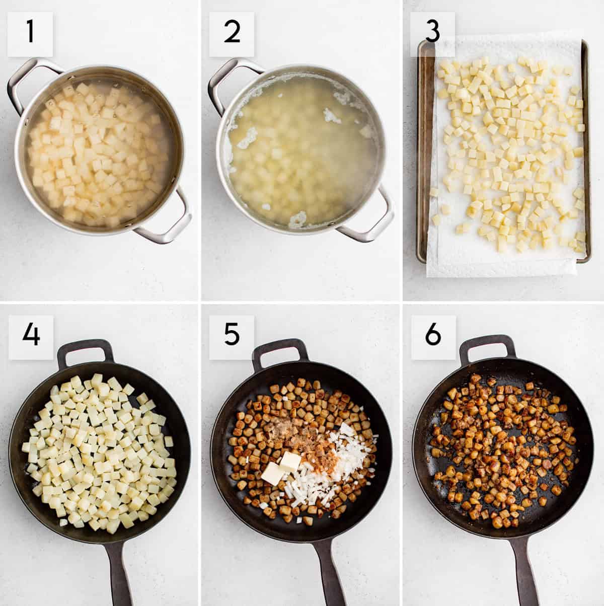 six panel collage image showing how to make home fries