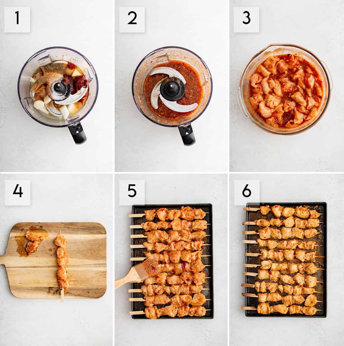six panel collage image showing the process of making honey chipotle chicken kabobs