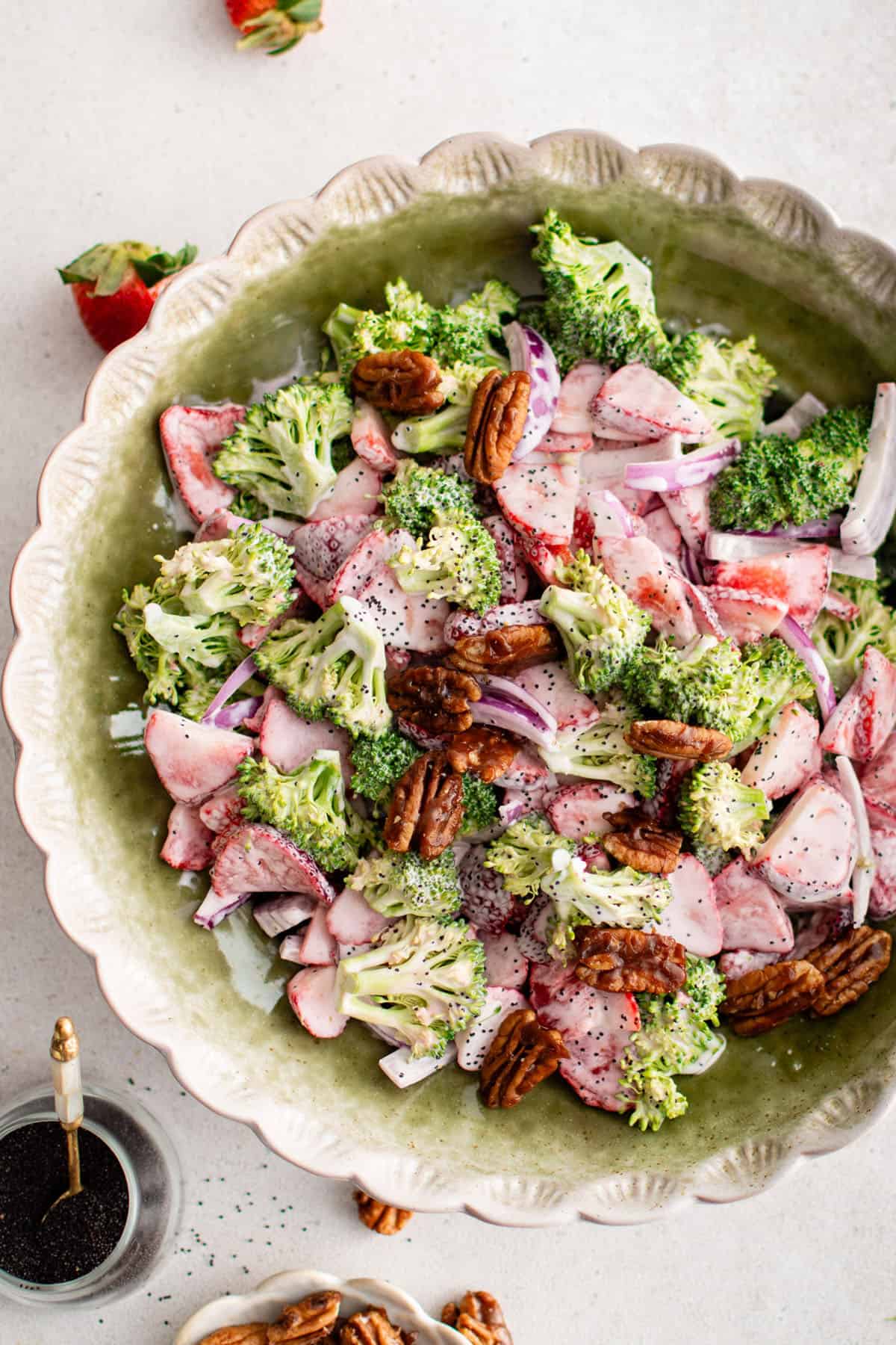 strawberry broccoli salad in a salad bowl