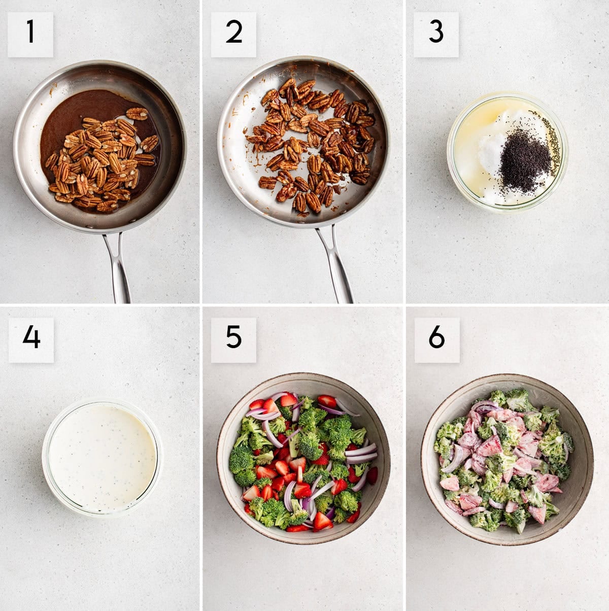 six panel collage image showing the process of making strawberry broccoli salad