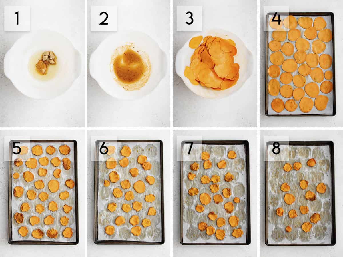 eight panel collage image showing the process of preparing sweet potato chips using the oven method