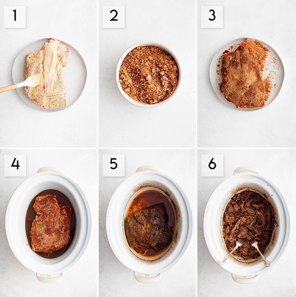 six panel collage image showing the process of making crockpot bbq beef