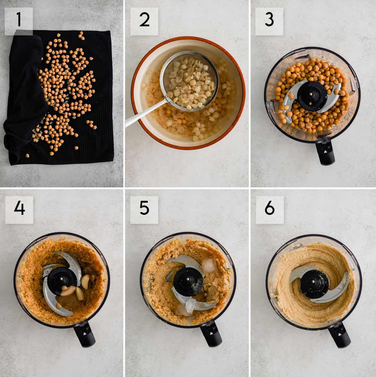 six panel collage image showing the process of making homemade hummus