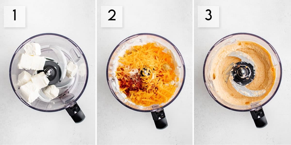 three panel collage image showing the process of making pub cheese pretzel dip
