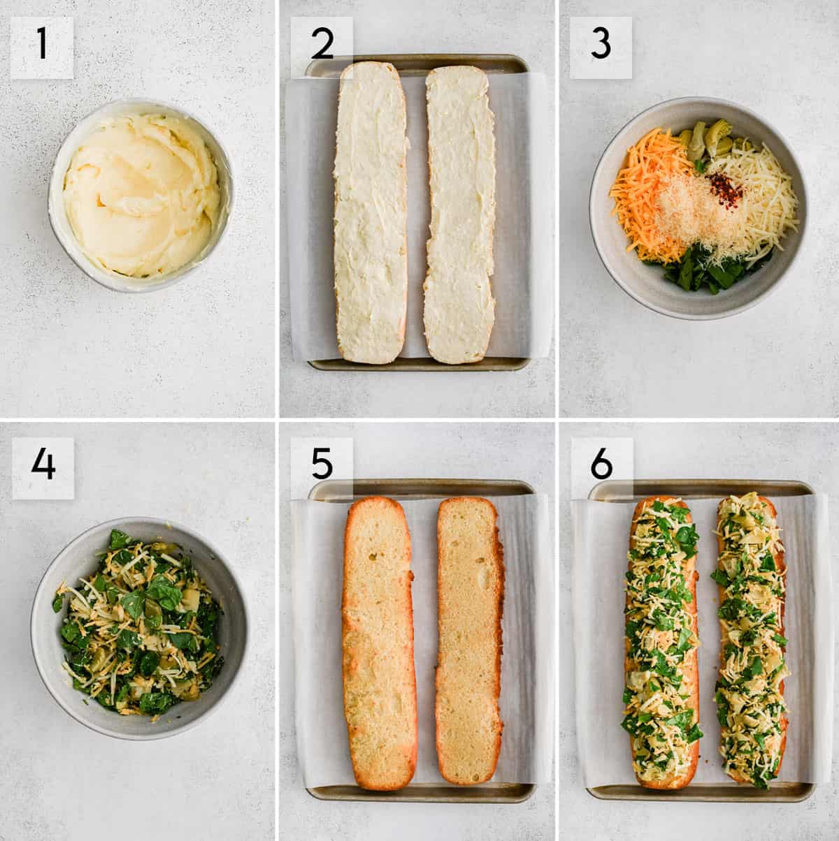 six panel collage image showing the process of making spinach artichoke french bread pizzas