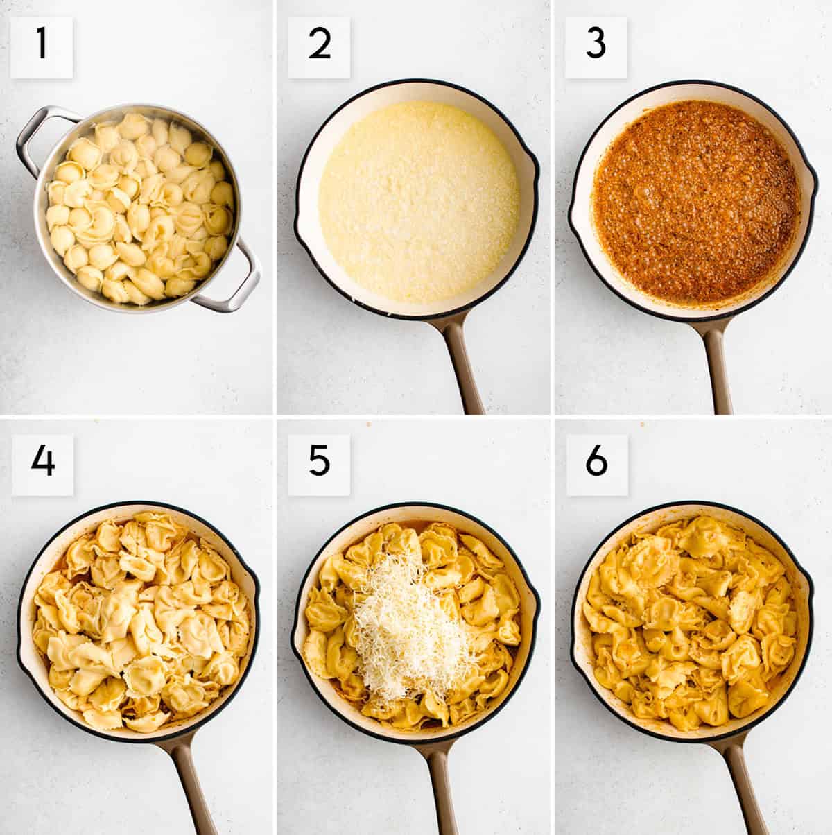 six panel collage image showing the process of making cajun garlic butter tortellini