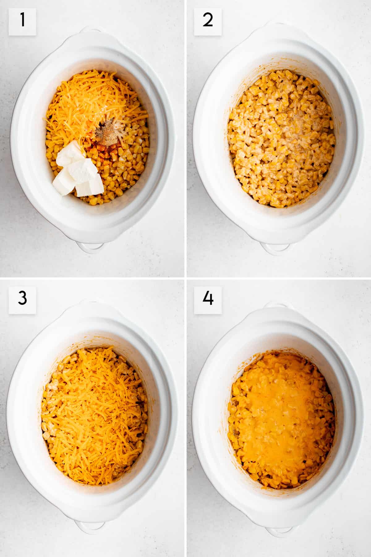 four panel collage image showing the process of making cheesy crockpot corn