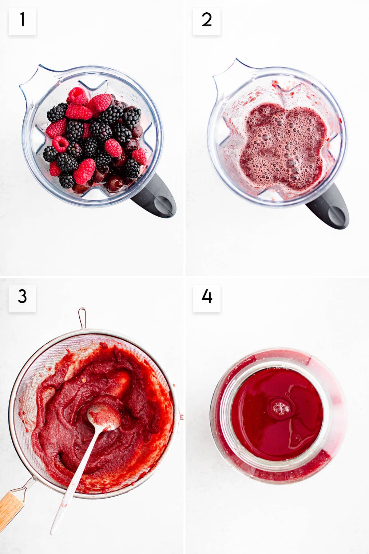 four panel collage image showing the process of making cherry berry watermelon lemonade