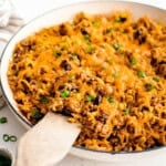 enchilada rice with beef in a skillet