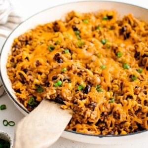 enchilada rice with beef in a skillet