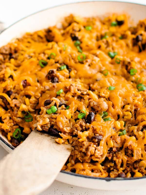 enchilada rice with beef in a skillet