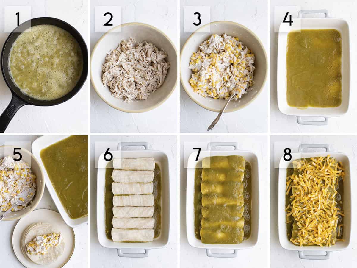 eight panel collage image showing the process of making green chili chicken enchiladas