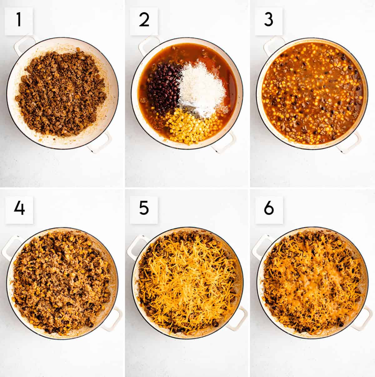 six panel collage image showing the process of making one pot beefy enchilada rice