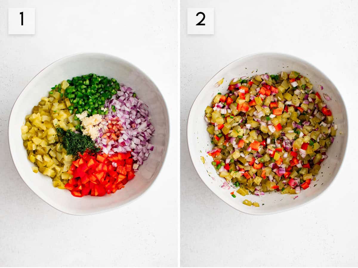 two panel collage image showing the process of making pickle de gallo
