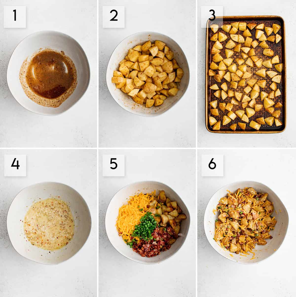 six panel collage image showing the process of making roasted potato salad