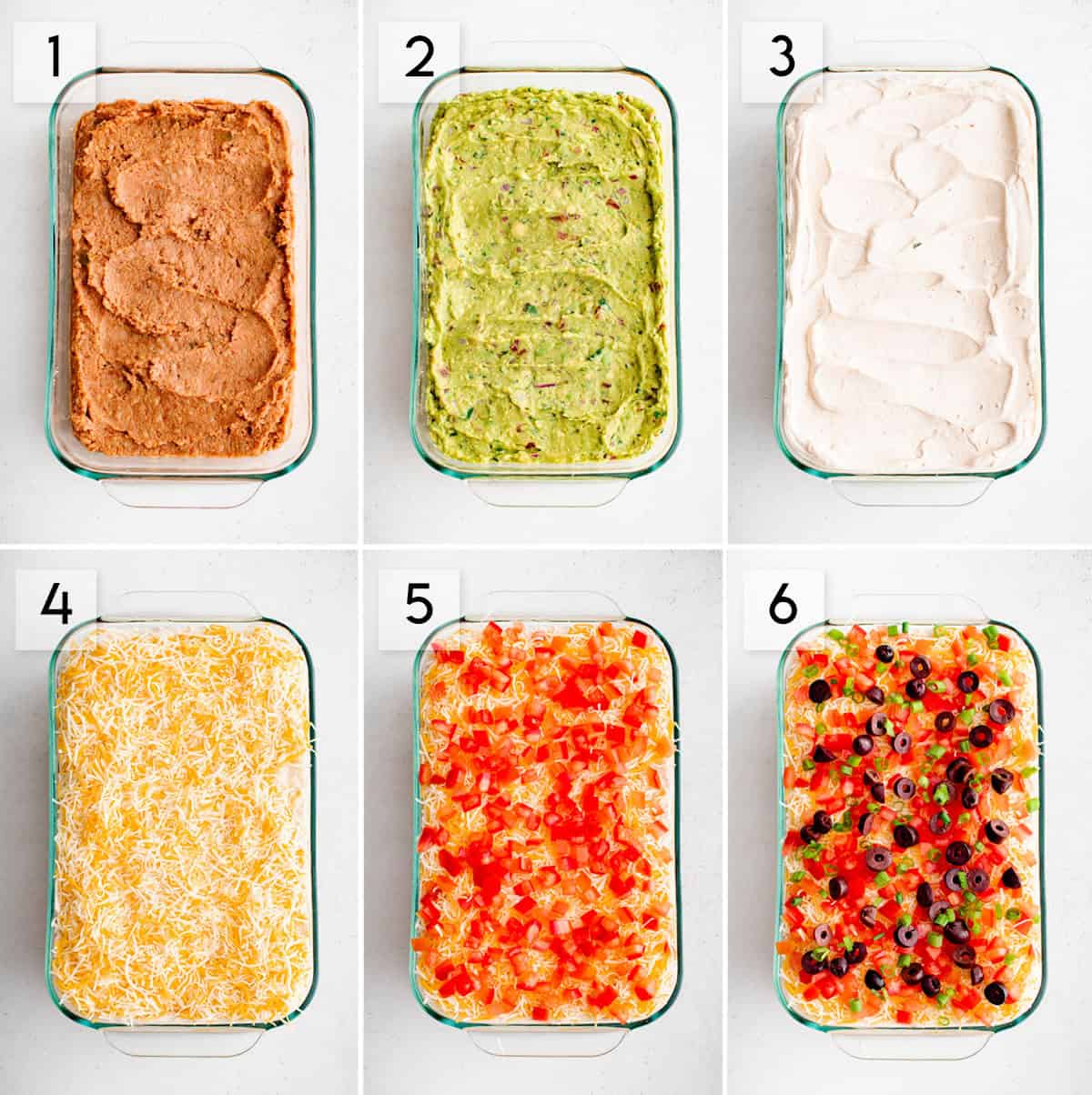 six panel collage image showing the process of making seven layer dip