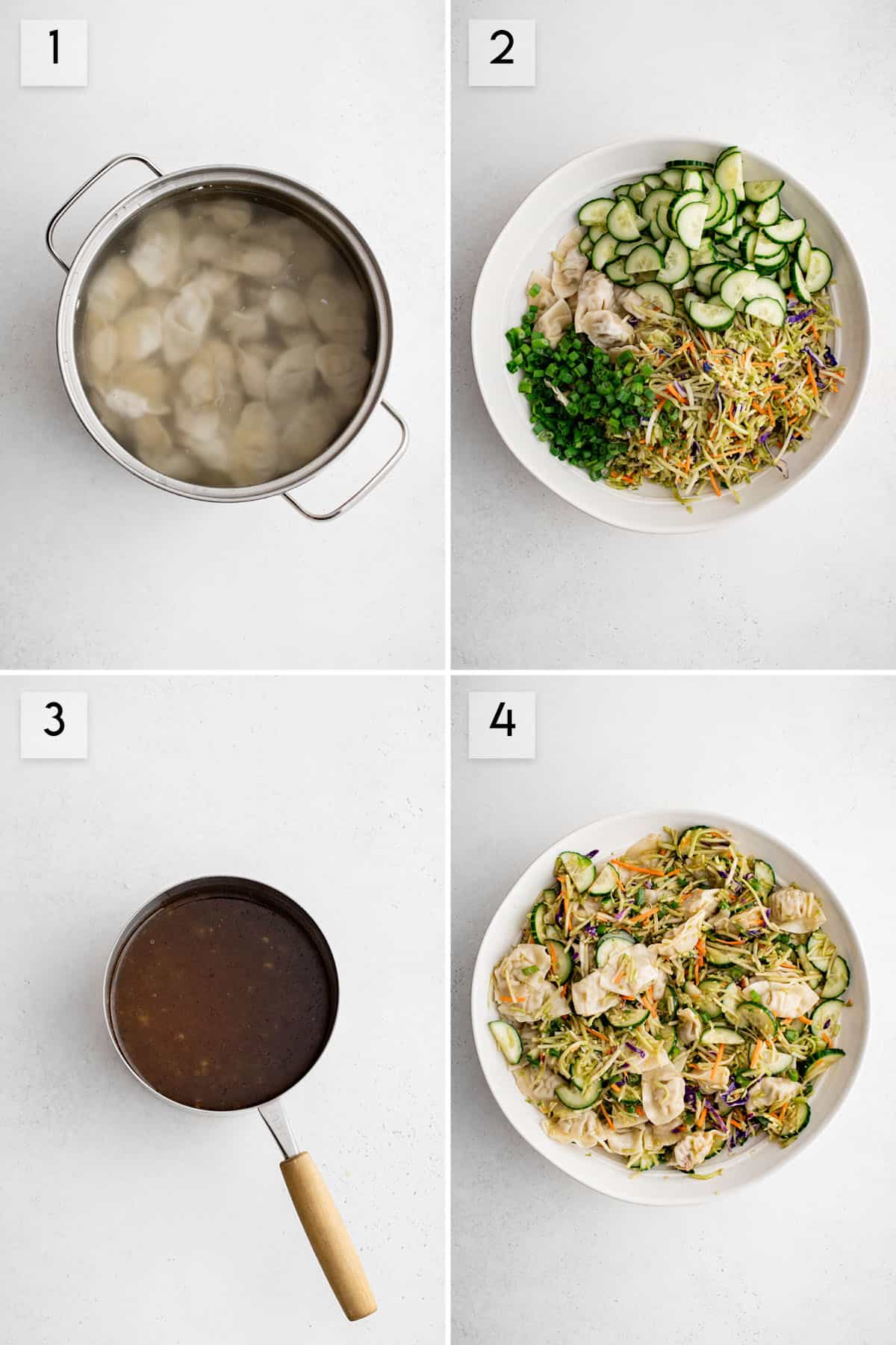 four panel collage image showing the process of making wonton salad