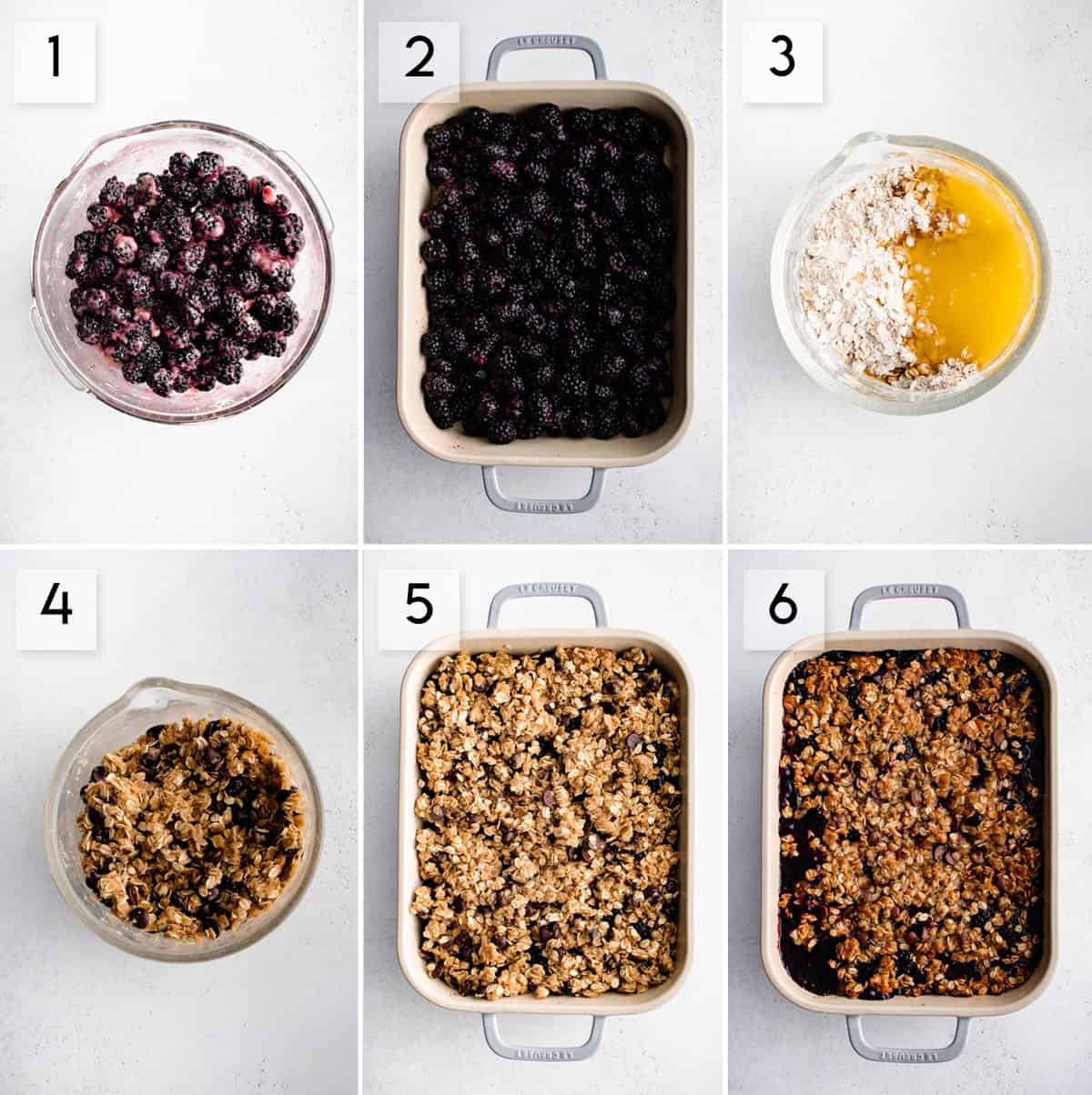 Six panel collage image showing the process of making Blackberry Crisp with Chocolate Chip Oatmeal Crumble.
